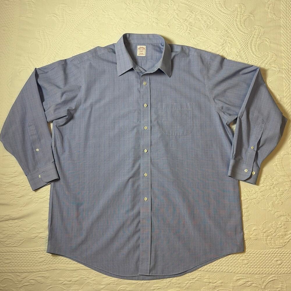 Brooks Brothers Non-Iron Dress Shirt 17.5 34/35 Blue Check Cotton Business Core